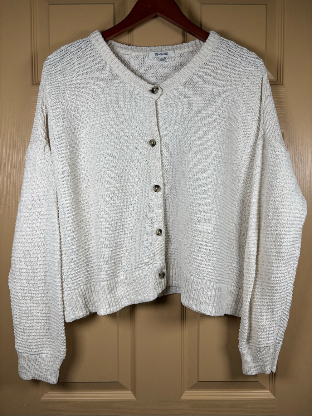 Madewell Cream Textured Knit Cropped Crewneck Slouchy Cardigan Sweater Size L